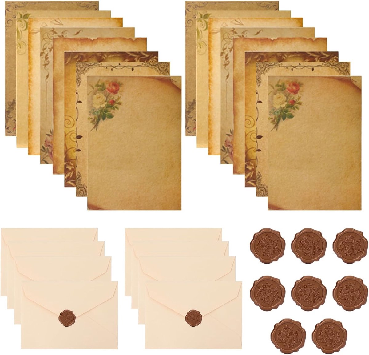 Vintage A5 Stationery Set met 16 Vellen Parchment Papier, 8 Enveloppen en Seal voor Liefdesbrieven, Huwelijk en Wensen