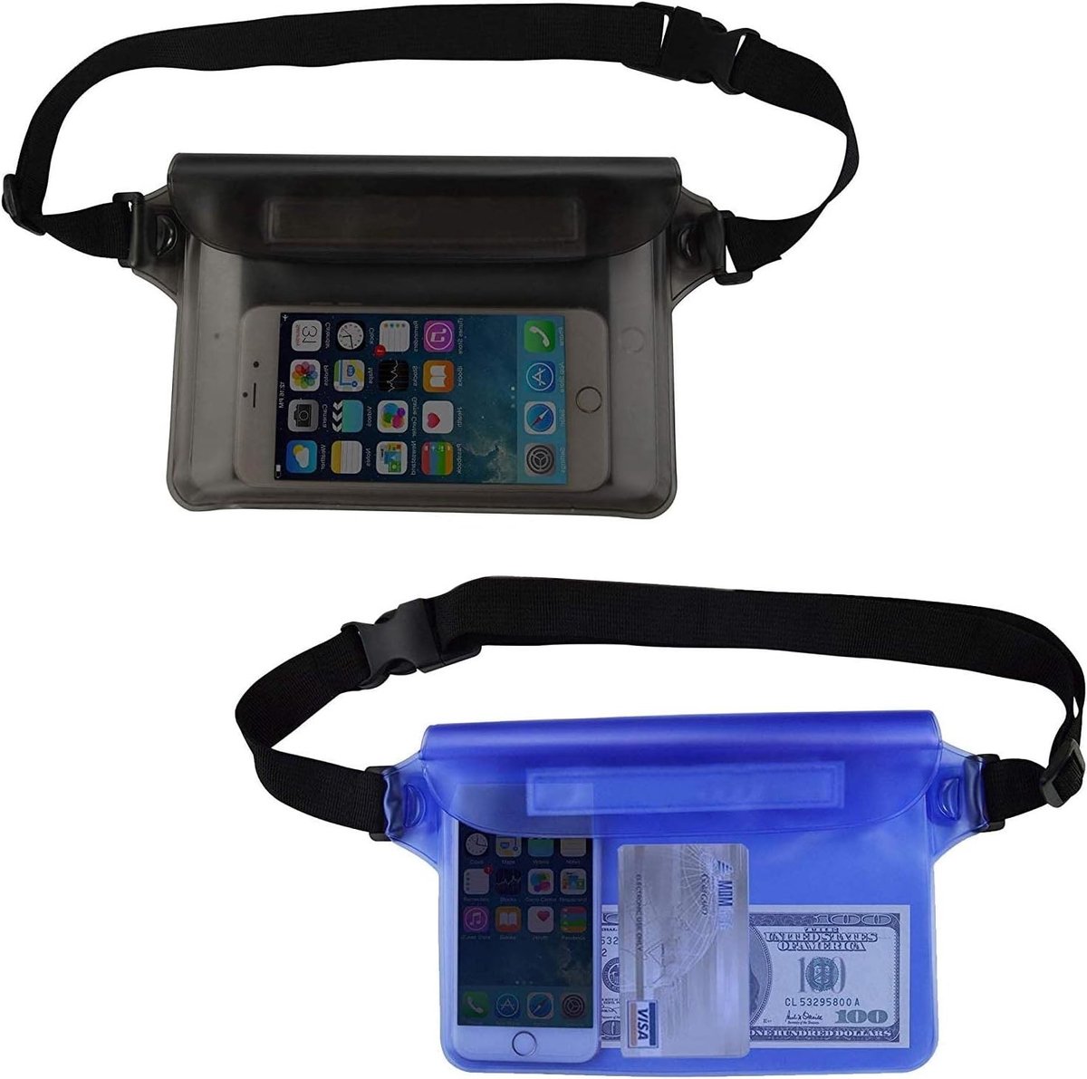 Waterdichte Heuptas voor Buitensporten, Verstelbare Telefoonhouder, Drie-laags PVC, Ideaal voor Strand en Zwembad, Blauw en Zwart