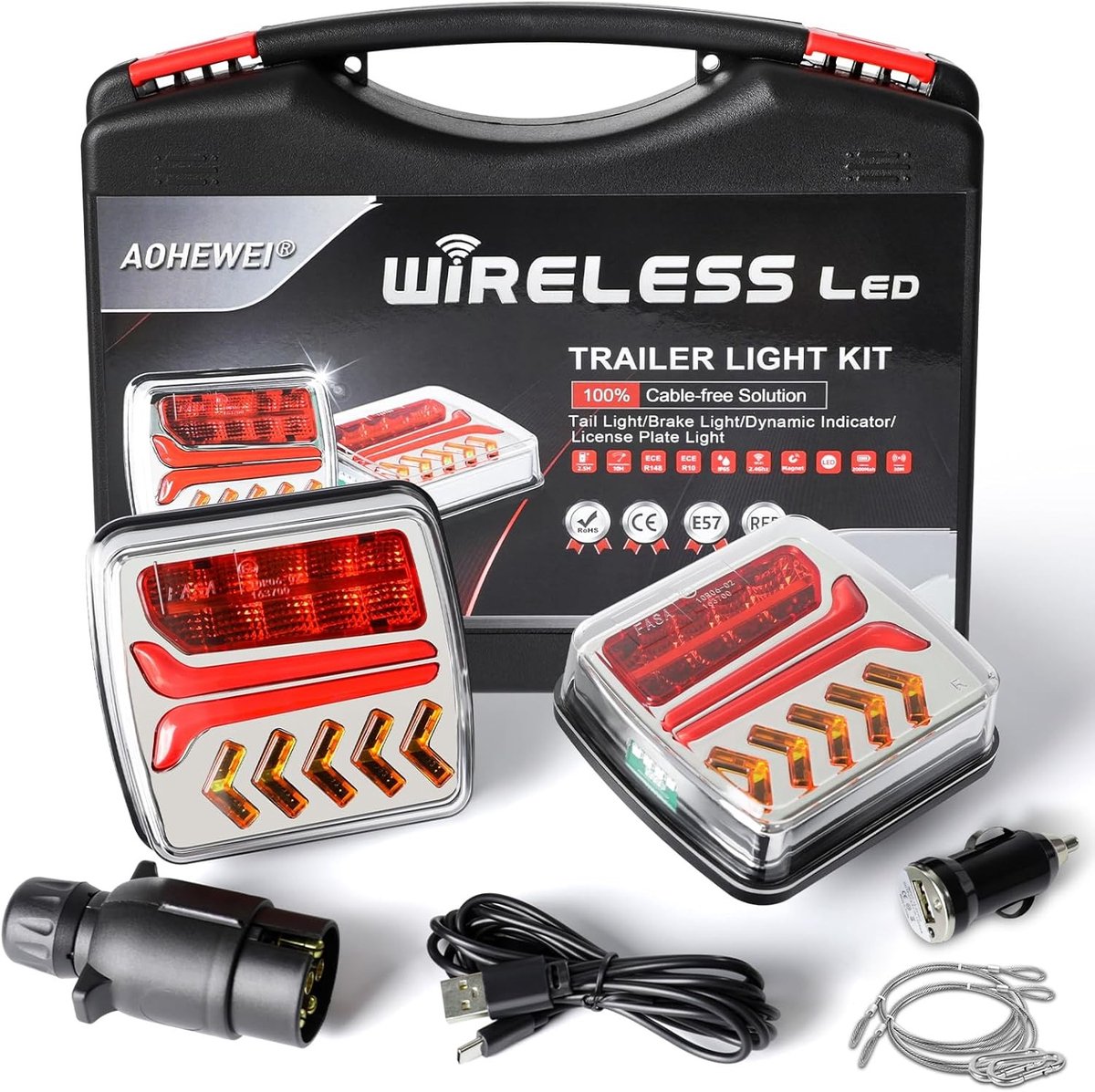 Draadloze LED Trailer Achterlichten met Magneten - Kabelvrije 12V ECE Goedgekeurd voor Aanhangwagen, Vrachtwagen en Caravan met 7-Pins Stekker