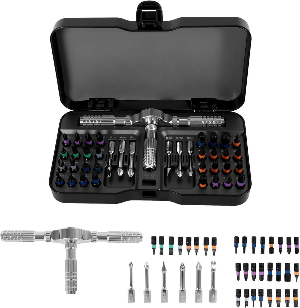 Veelzijdige 40-in-1 Ratchet Schroevendraai Set met Magnetische Precisie, T-Handvat en Twee-Weg Mechanisme voor Meubels, Elektronica, Fietsen en DIY Projecten