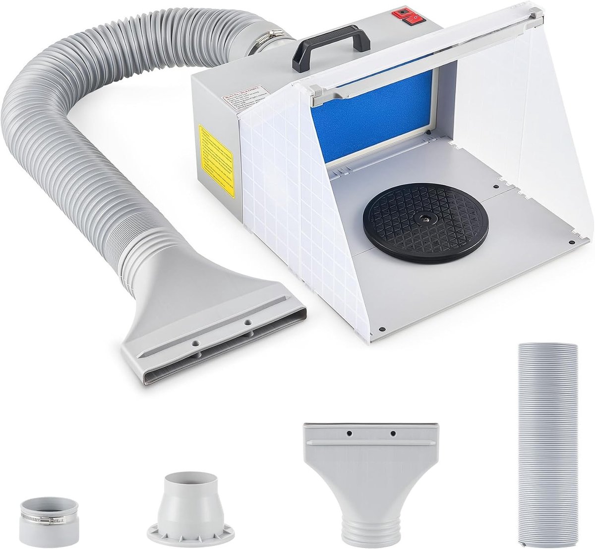 Professionele verf cabine voor airbrush met rookafzuiging, 3 LED-lampen en 19 cm draaiplatform, ideaal voor hobby en modelbouw met 1.7 m slang en 2 m³/min luchtstroom