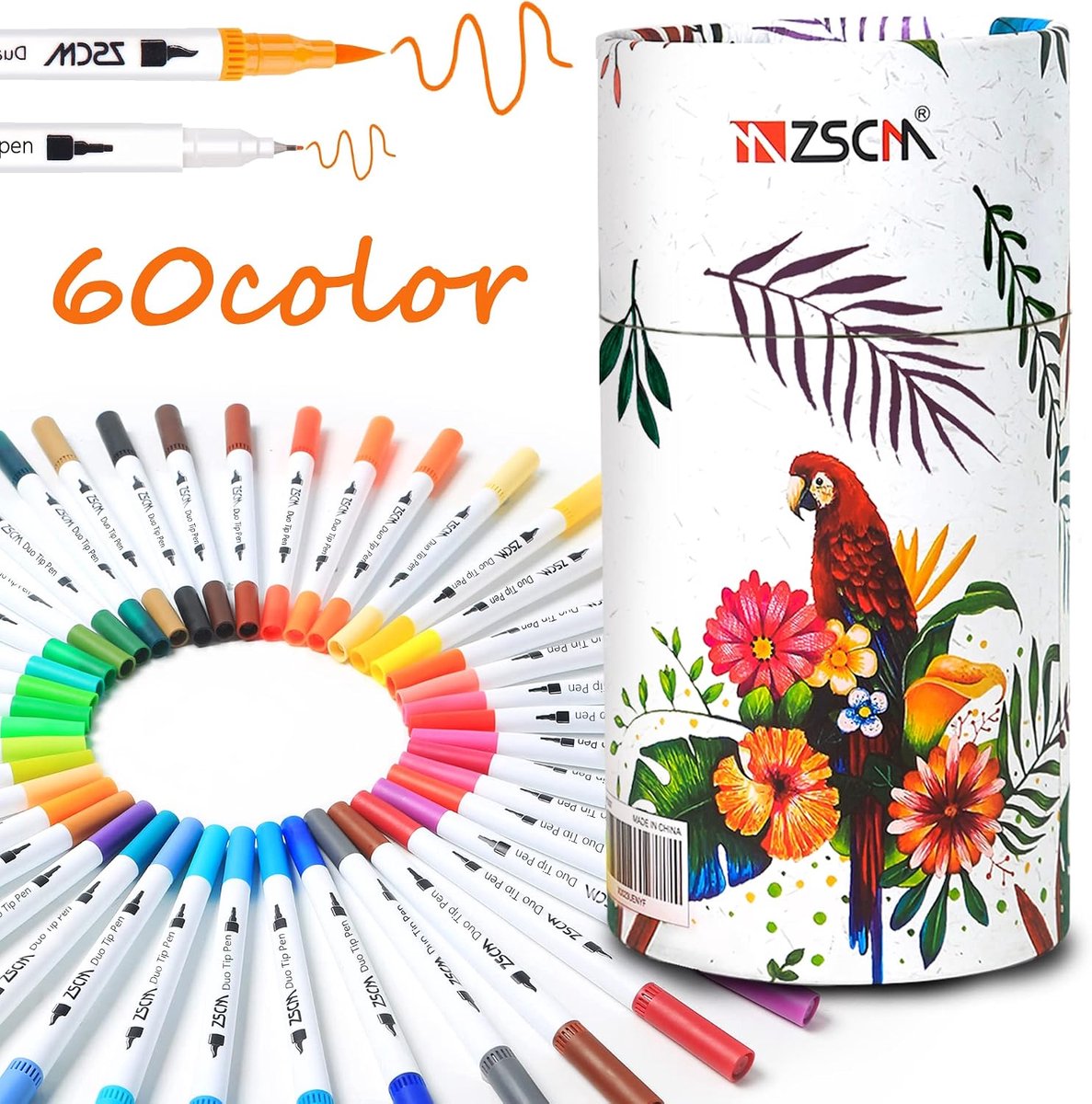 ZSCM Double Tip Highlighter, 60 Colours, Brush and Fine Tip, for Adults, Colouring Books, Bullet Journal, Calligraphy - ShopVlot