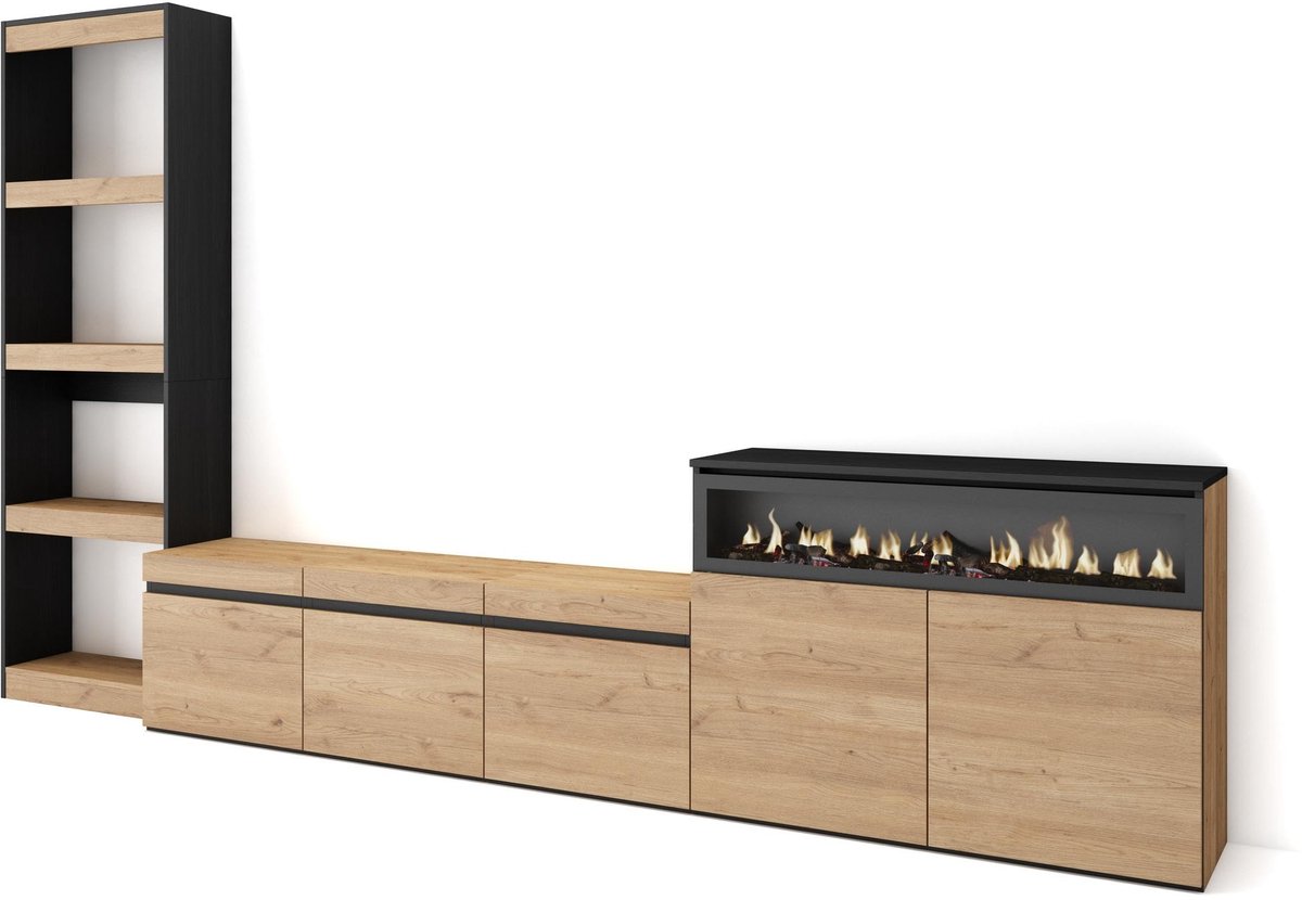 TV-meubel lowboard 310x186x35cm - eiken/zwart - moderne stijl - voor tv's tot 65" - ShopVlot