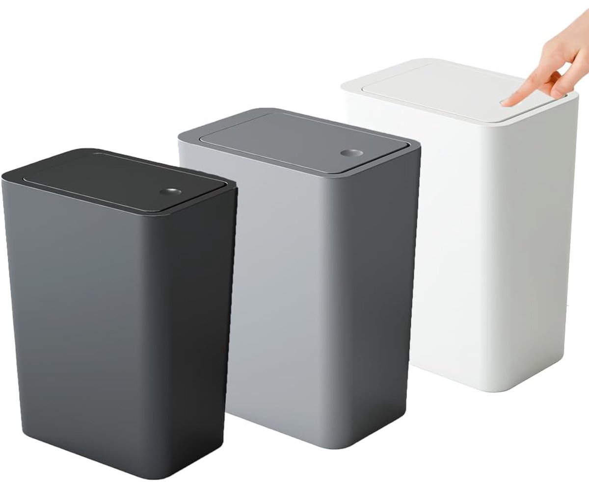 Prullenbak set van 3 stuks - Smalle 10L afvalbak met deksel, geurvrij voor keuken, badkamer en kantoor, ideaal voor woonkamer en slaapkamer