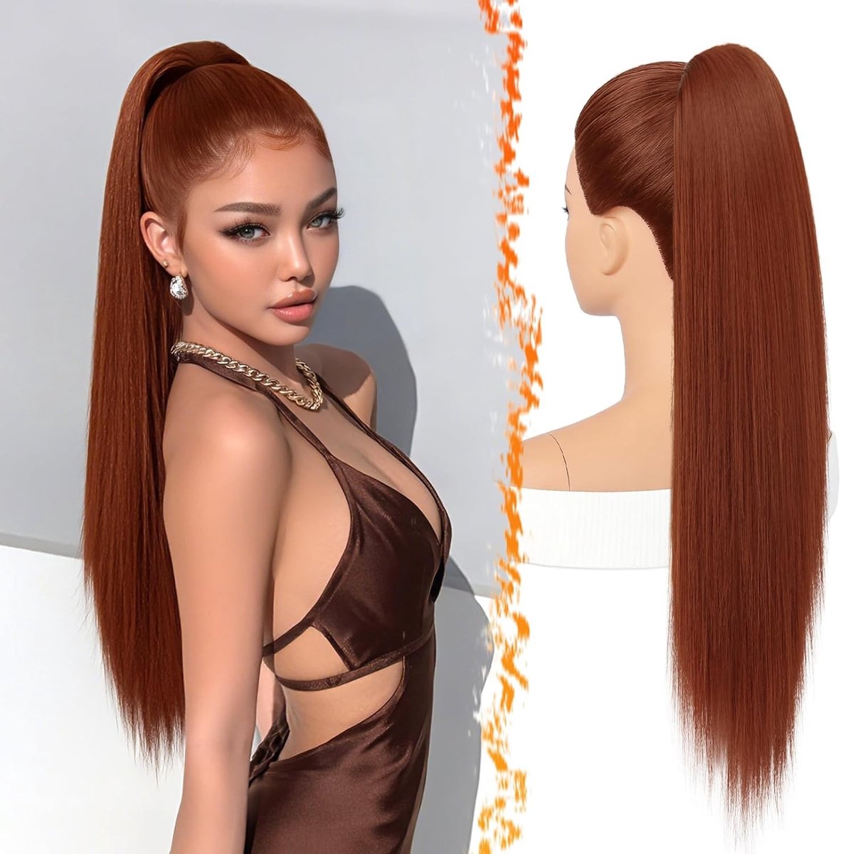 Ponytail Extensions 55 cm Lang, Rechte Gemberkleurige Paardenstaarten met Trekkoord, Natuurlijke Synthetische Haarstuk voor Dagelijks Gebruik en Wedstrijden