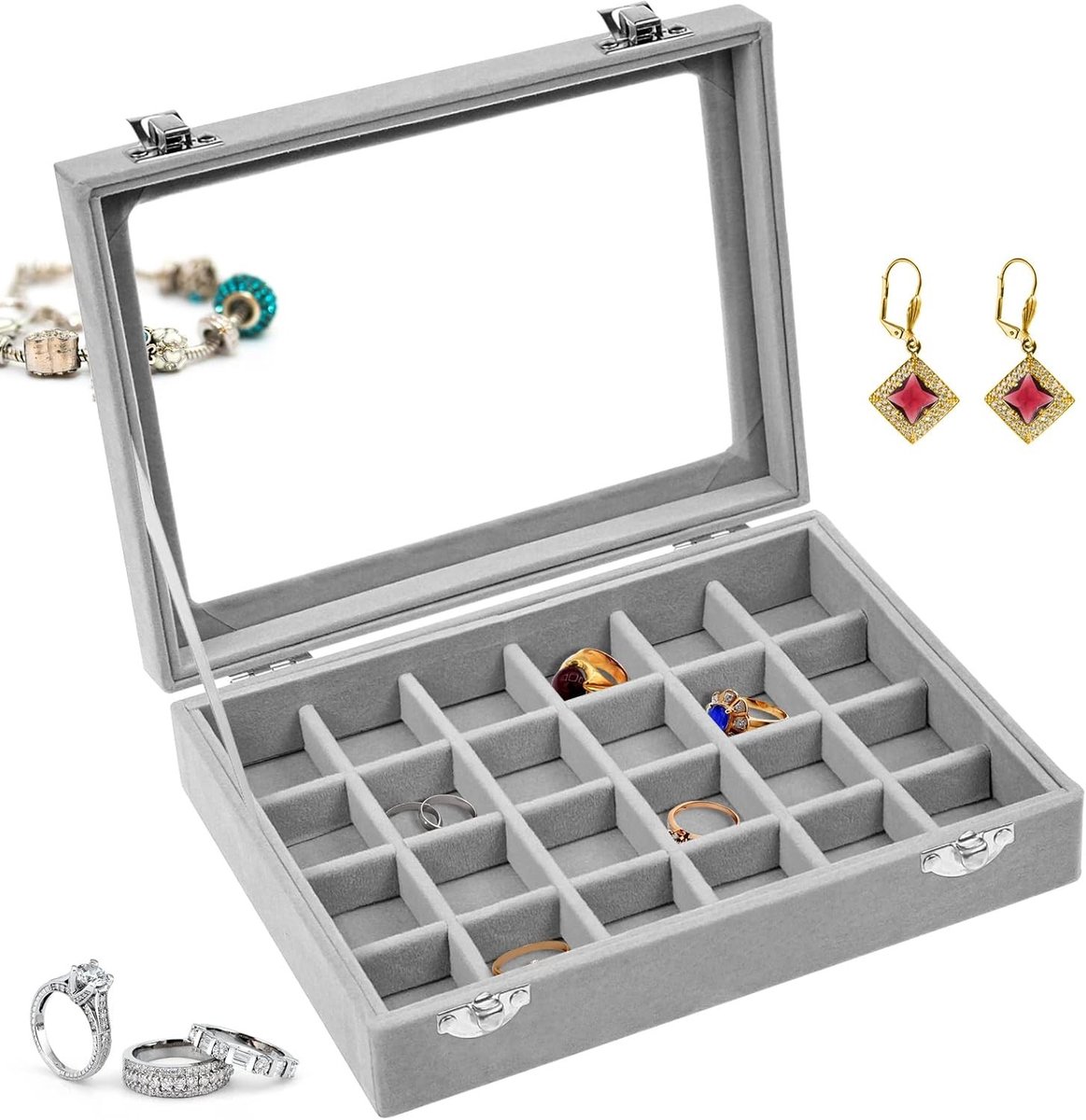 Sieradenopbergdoos met 24 vakken, glazen deksel, ideaal voor oorbellen, juwelen en accessoires, perfect voor vrouwen en meisjes, cadeau voor verjaardagen en speciale gelegenheden