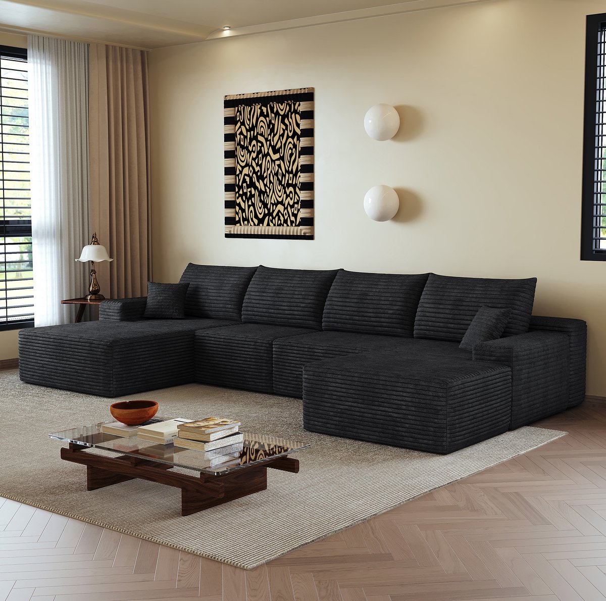 MODENUIT Hoekbank 340 cm - L-vormige Chaise Longue - 5-zits Voor Woonkamer En Appartement - Stof - Zwart