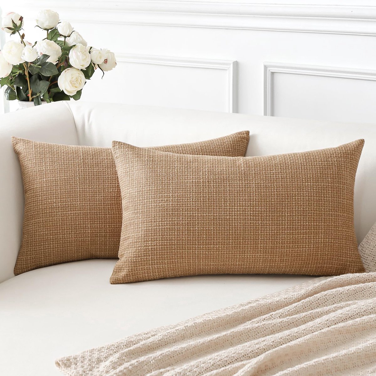 Kussenhoes set van 2 - 30 x 50 cm - linnen - lichtbruin - moderne decoratie - ShopVlot