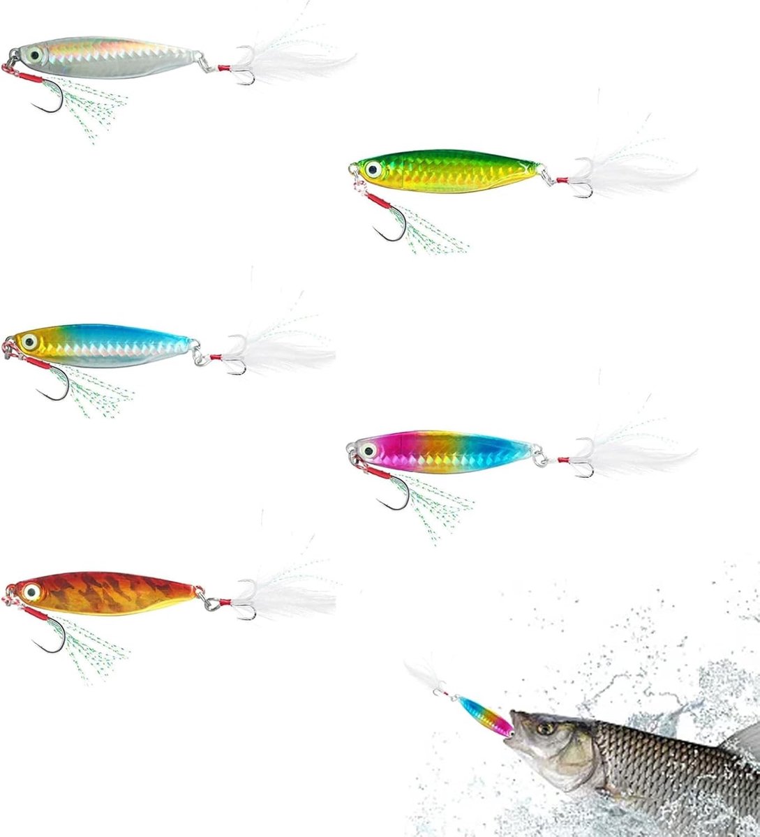 Realistische zwembait set van 5 stuks, minnows en wobblers met pailletten en veren, ideaal voor vissen in moerassen, rivieren en zoutwater.