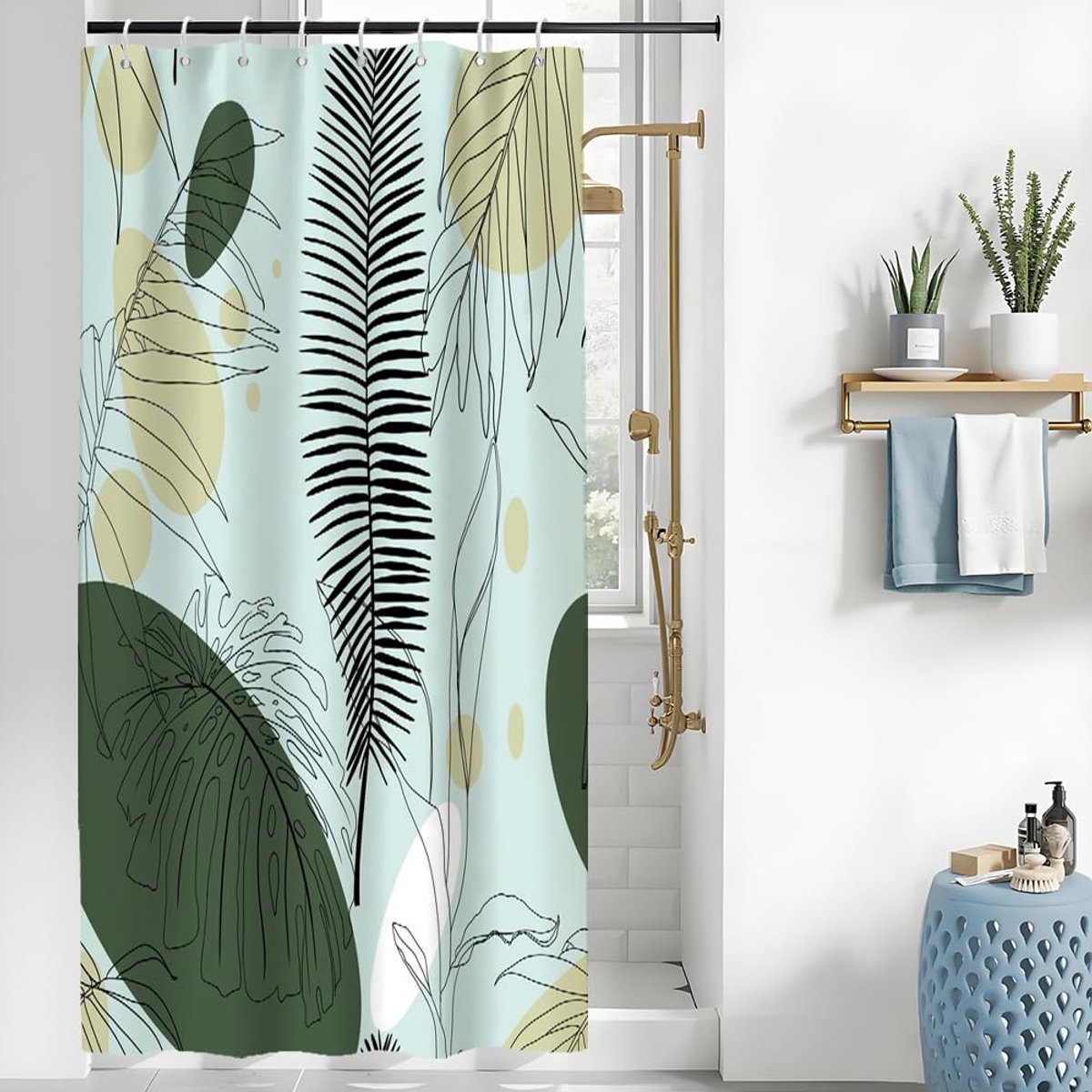 Douchegordijn 120 x 180 cm - boho palmbladeren - minimalistisch zwart - waterdicht en wasbaar - ShopVlot