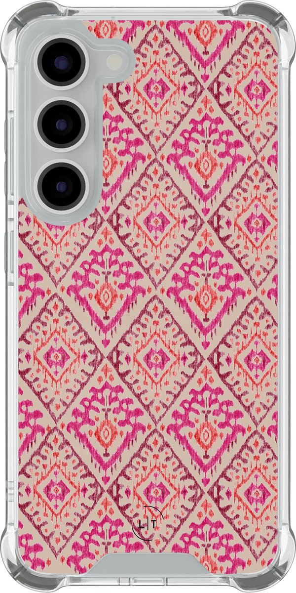 Shockproof hoesje - Geschikt voor Samsung Galaxy S23 - Ibiza art deco - Extra sterke case - TPU/polycarbonaat - Print / Illustratie - Roze, Transparant