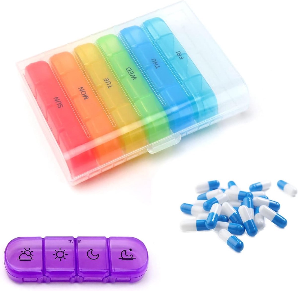 Draagbare medicijnbox voor 7 dagen met 4 vakken, ideaal voor vitamines, medicijnen en visolie, perfect voor op reis en dagelijks gebruik