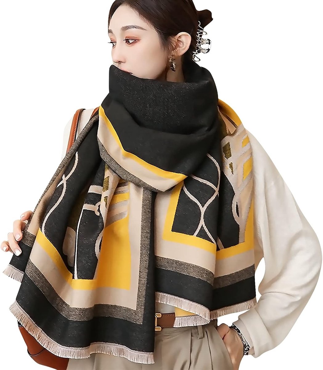 Warme Pashmina Sjaal voor Dames met Dierlijk Patroon en Franje, Zachte Cashmere en Wol, Geel, One Size
