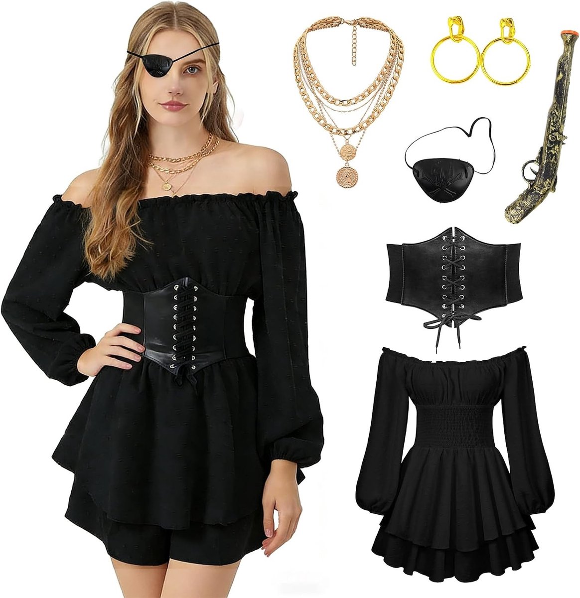 Vrouwelijk Piratenkostuum met Witte Middeleeuwse Blouse, Corsetriem en Accessoires voor Halloween en Carnaval