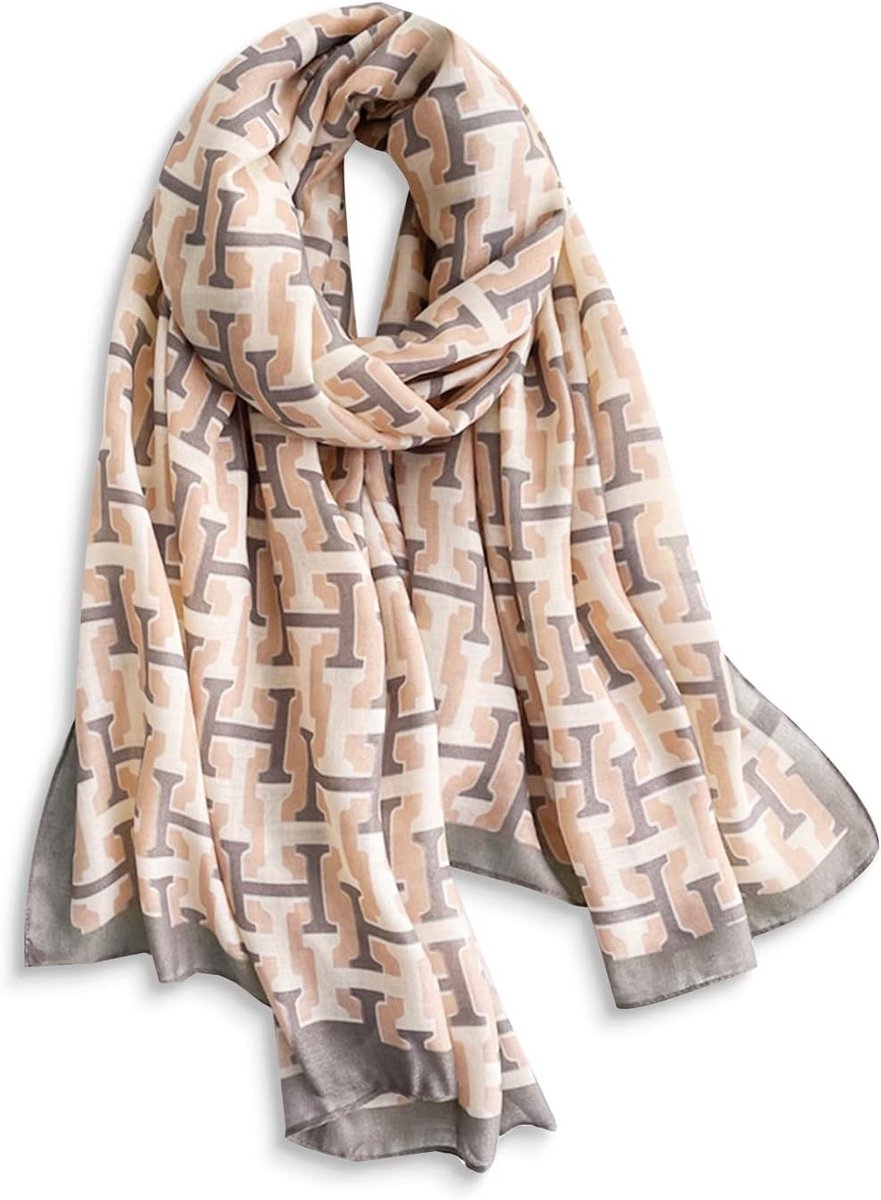 Lichte Roze Dames Sjaal van Katoen en Linnen met Bloemenprint en Letterdesign, Ideaal voor Zomer en Bescherming tegen de Zon