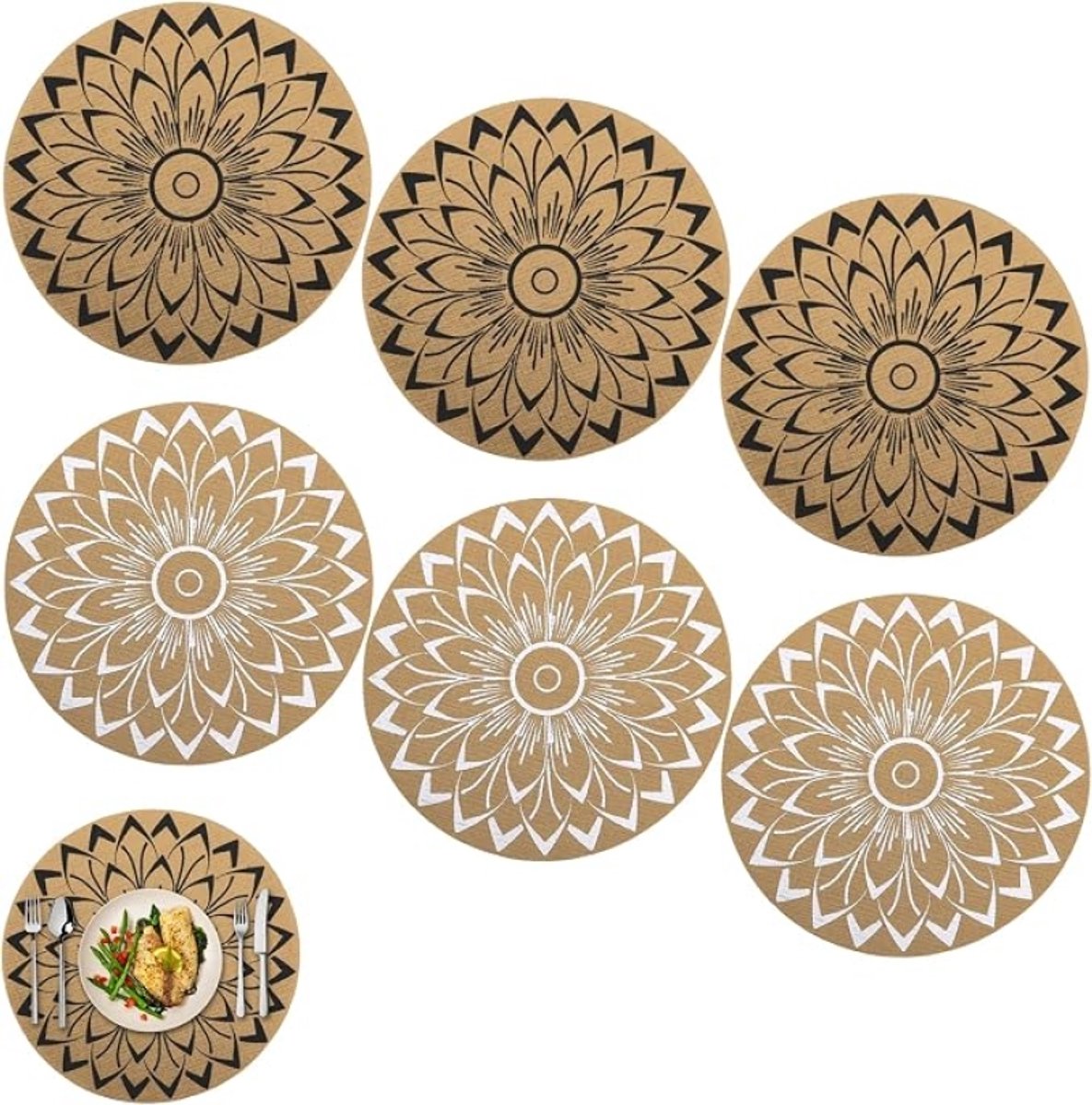 Placemats afwasbaar rond 6 stuks boho hittebestendig antislip PVC 38x38 cm