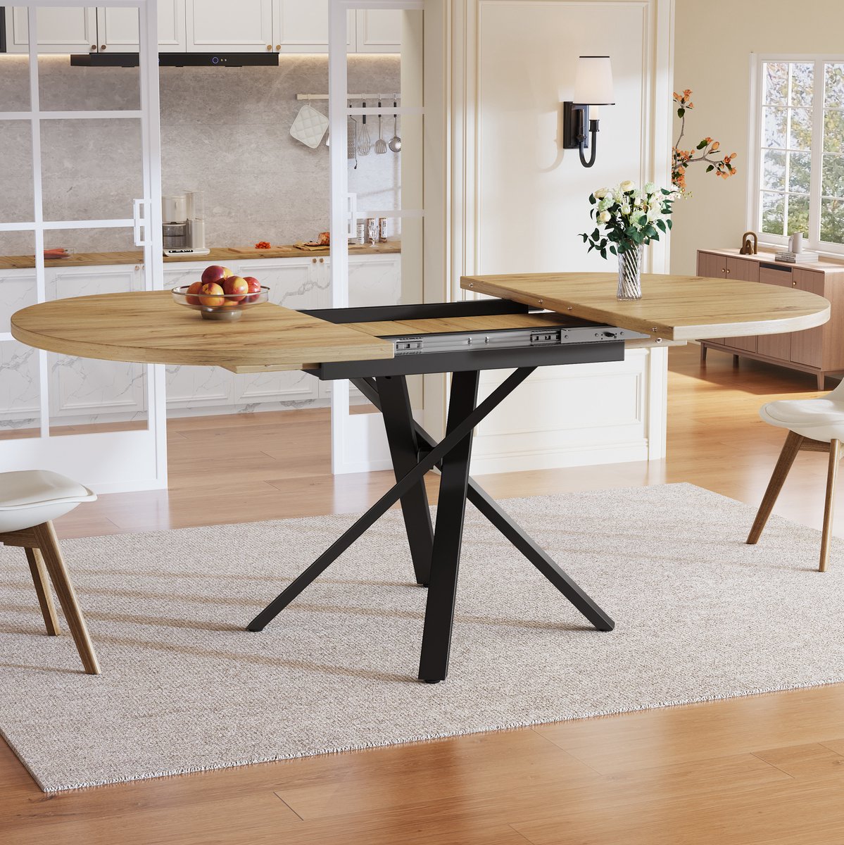 Wishdor Uitschuifbare eettafel 100-140 cm voor 2-6 personen - Rond-ovaal - X-metalen onderstel - Verstelbare poten - Industrieel - Mdf houtlook - Zwart