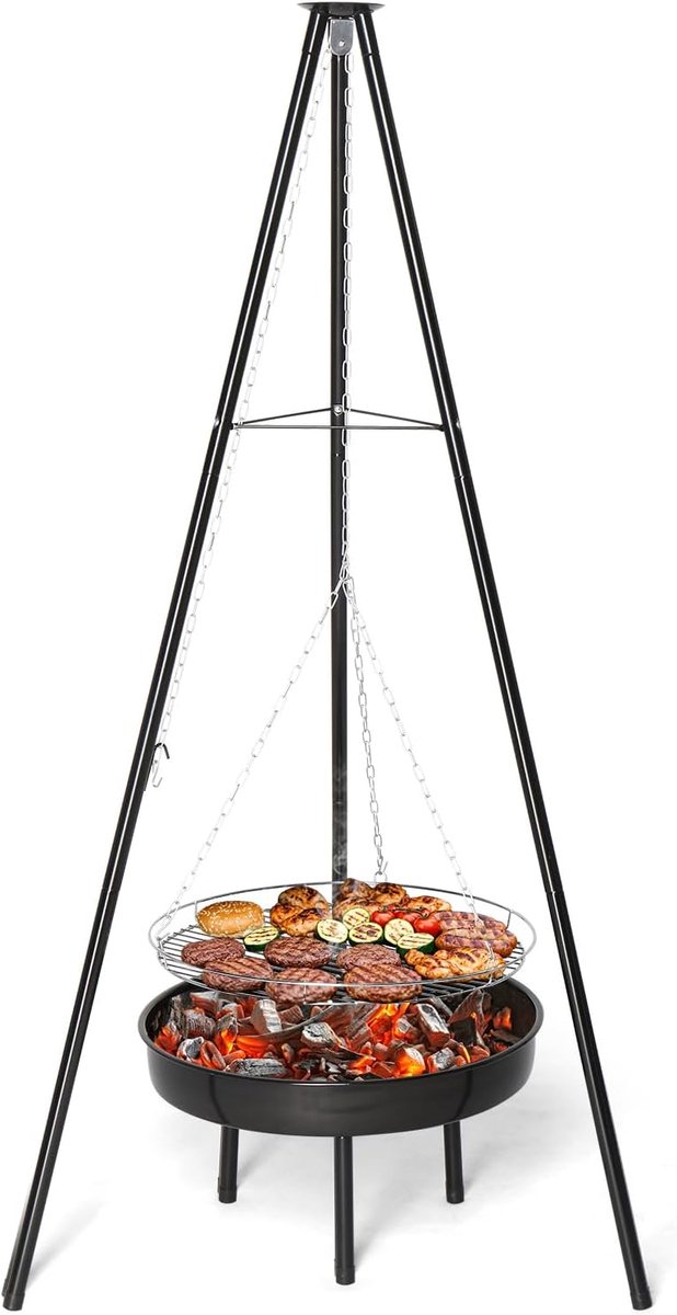 CINK & Co Driepootgrill Diameter 48 cm - Met Hoogteverstelbaar Hangrooster - Voor Vuurschaal en Camping - Zwart - 60 x 60 x 155 cm