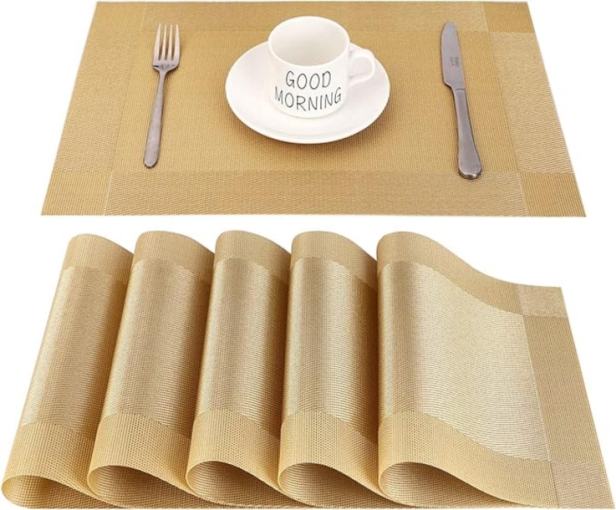 Placemat Set van 6 – Antislip, Hittebestendig en Vlekbestendig Tafelonderzetter, 45x30 cm, Goud