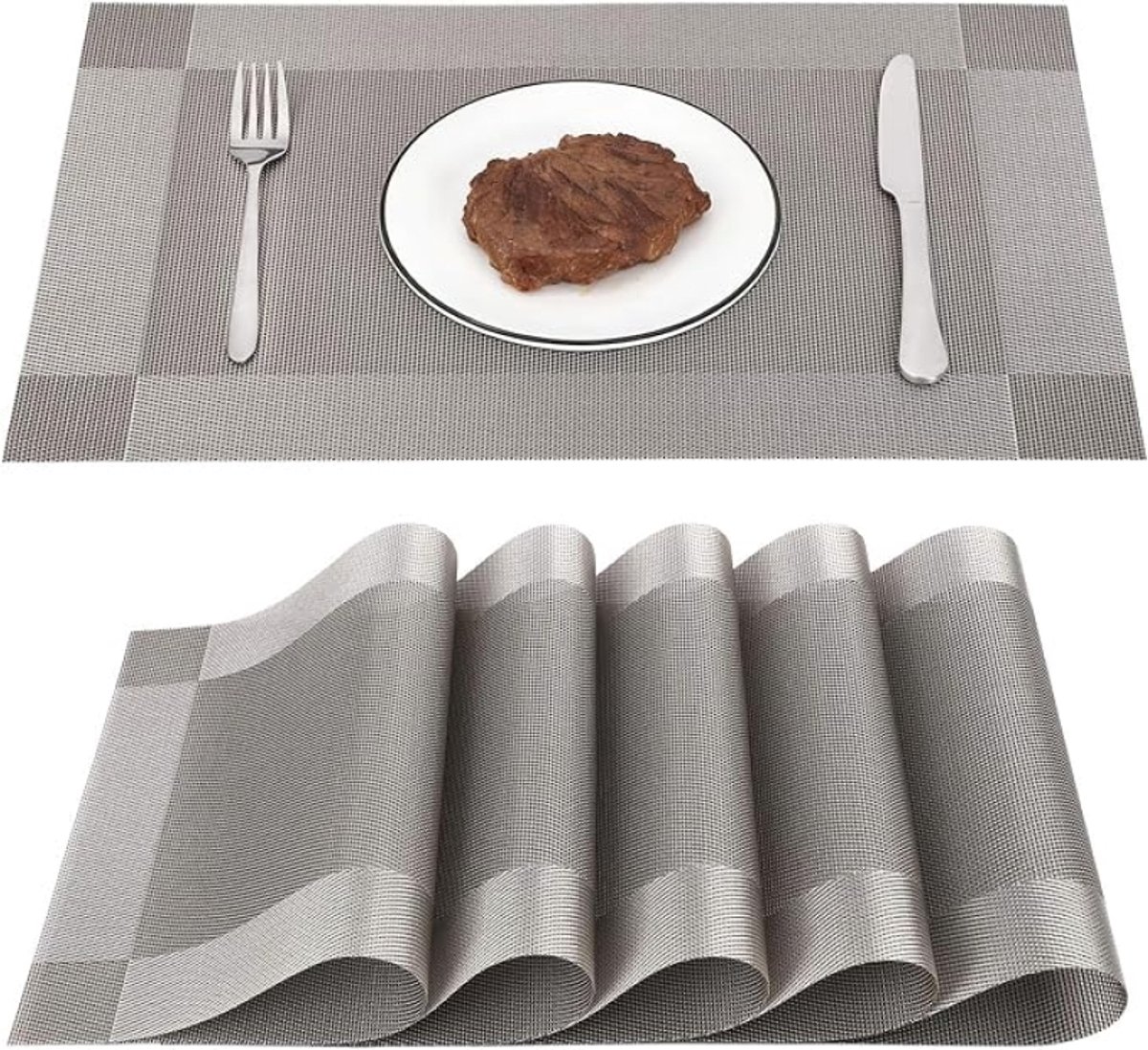 Grijze PVC placemats set van 6 - 45x30 cm - antislip, hittebestendig, wasbaar