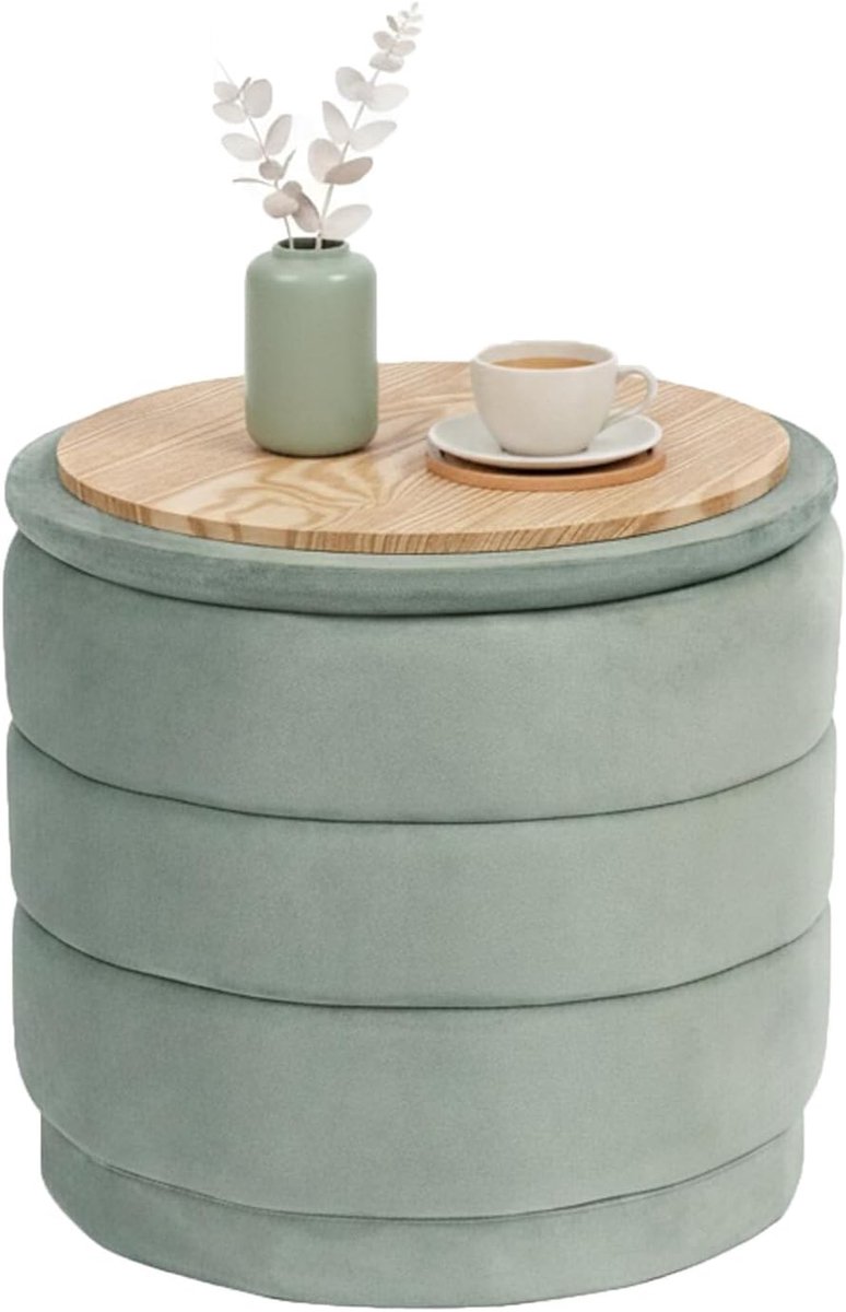 Ronde poef met deksel 39 x 39 cm - fluweel - salieblauw - multifunctioneel gebruik - ShopVlot