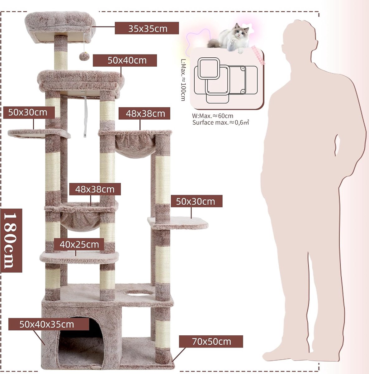 Krabpaal Groot - Kattenmeubel XL - Katten Klimmen Spelen - Extreem Stabiele Basis - 180 Cm Hoog - Bruin Beige thumbnail 6
