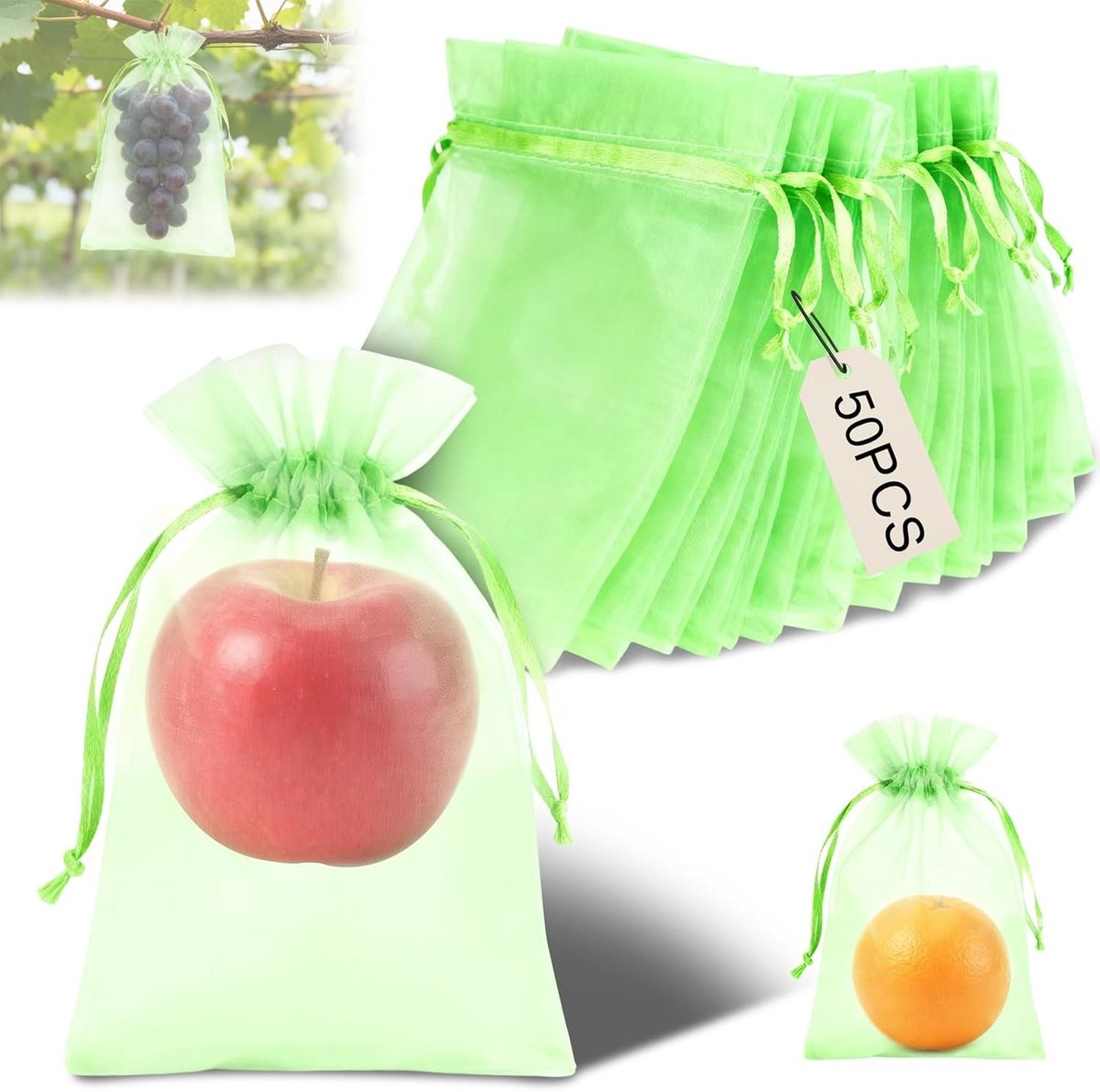 Organza Fruitzakken 20x30 cm - 50 Stuks met Trekkoord voor Groenten en Fruit, Herbruikbaar en Ademend