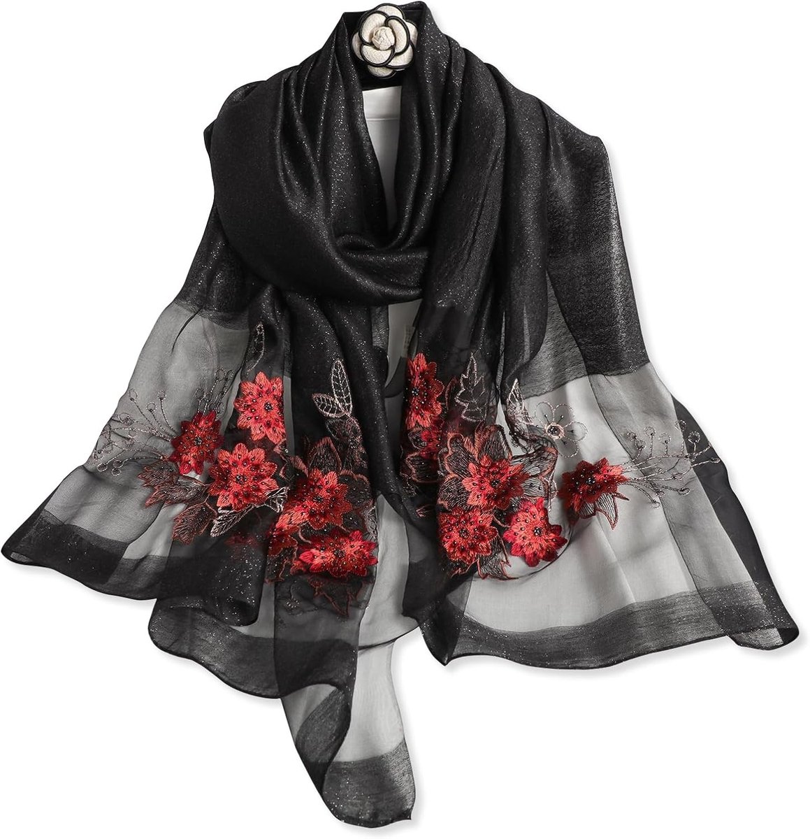 Delicate Chiffon Sjaal met Ginkgo Borduursel - Zachte en Lichtgewicht Zijden Sjaal voor Zomer en Bruiloft, Zwart