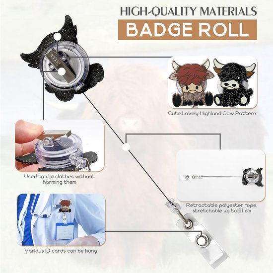 Schattige Retractable ID Kaart Houder met Highland Cow Design voor Ziekenhuis, Kantoor en Schoolgebruik, Ideaal voor Verpleegkundigen en Studenten — afbeelding 2