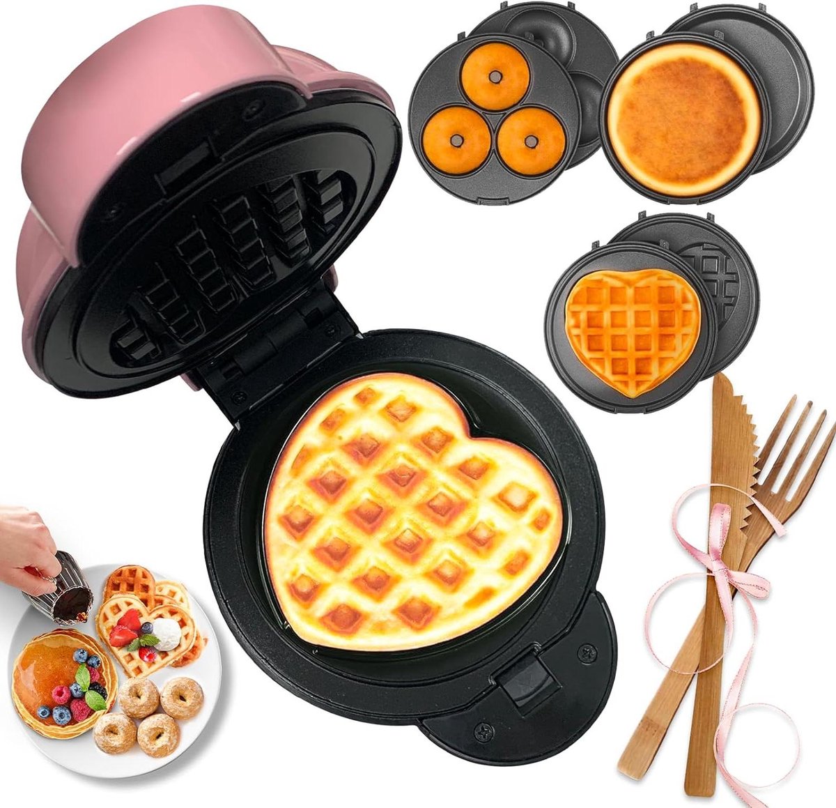 Mini Wafelijzer - Hartvormige Maker - Creatief Bakken - 6 Verwisselbare Platen - 10cm Platen - Roze