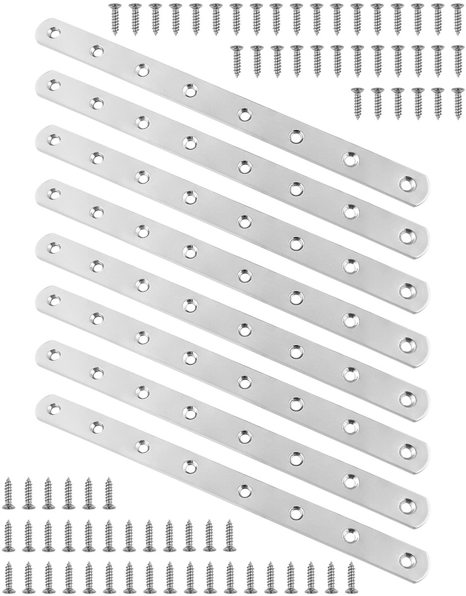 QWORK® 8 stuks 245 mm x 19 mm RVS geperforeerde plaat platte connector, beugel metalen connector, hout connector - ShopVlot
