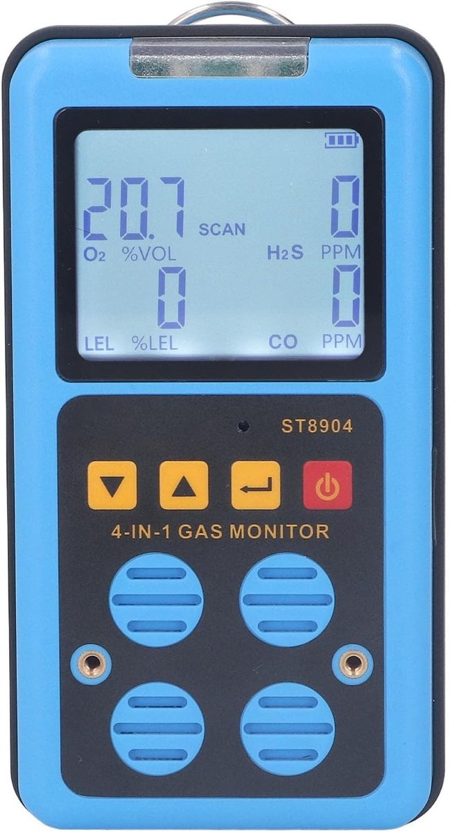 Multigasmonitor met Hoge Gevoeligheid, Oplaadbare Detector voor CO, H2S, O2 en LEL met Achtergrondverlichting, 3 Alarmmodi en USB-opladen, Duurzaam en Betrouwbaar