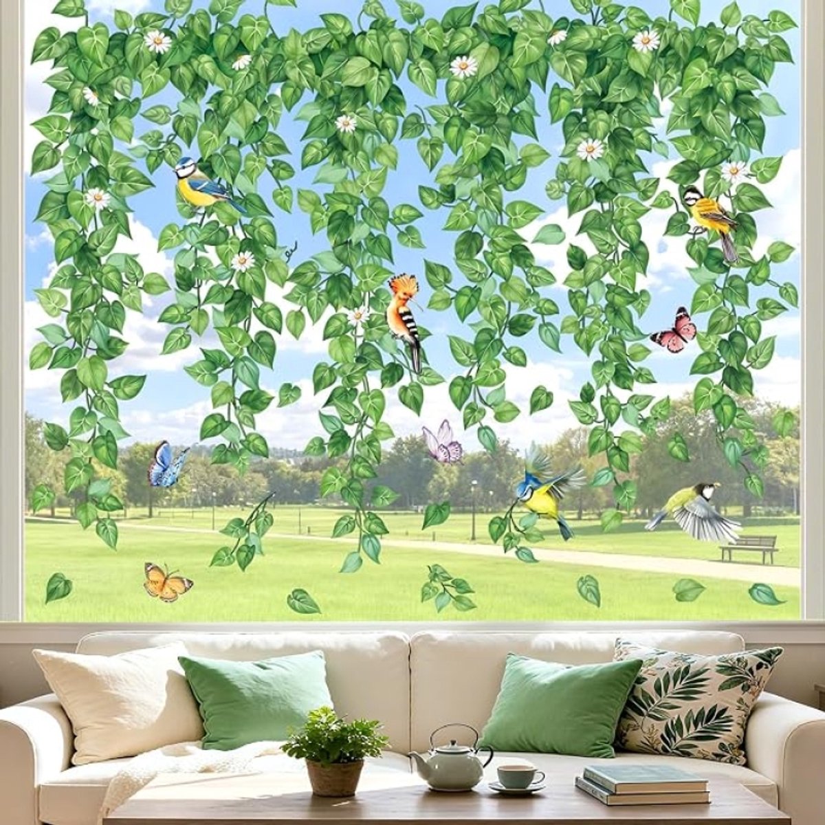 Raamstickers Groene Wijnstok Bladeren - 8 Stuks - Herbruikbaar - 21x30 cm - Decoratie voor Ruiten en Gladde Oppervlakken