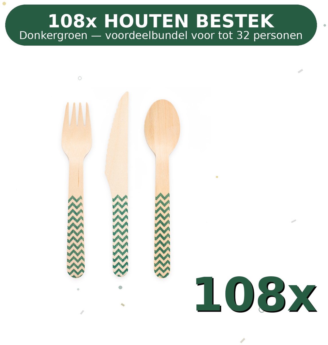 Houten bestek FSC Donkergroen - Voordeelverpakking 108 Stuks voor tot 32 Personen - Feestartikelen