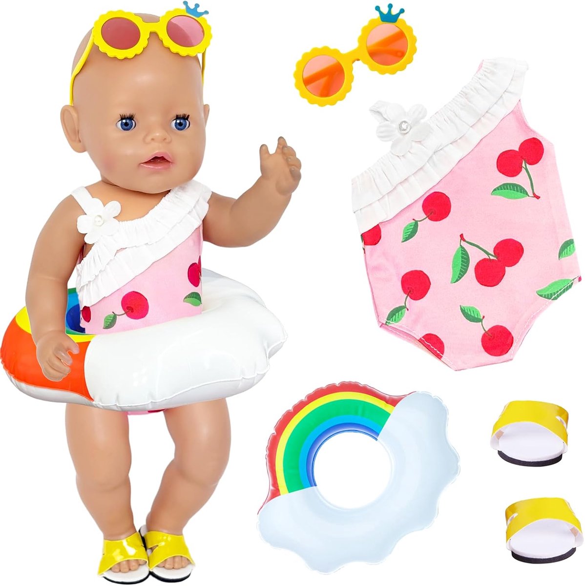 Zwembad Set voor 35-45cm Baby Pop - 4-delige Kersen Badkleding - Inclusief Zwemring en Zonnebril - ShopVlot