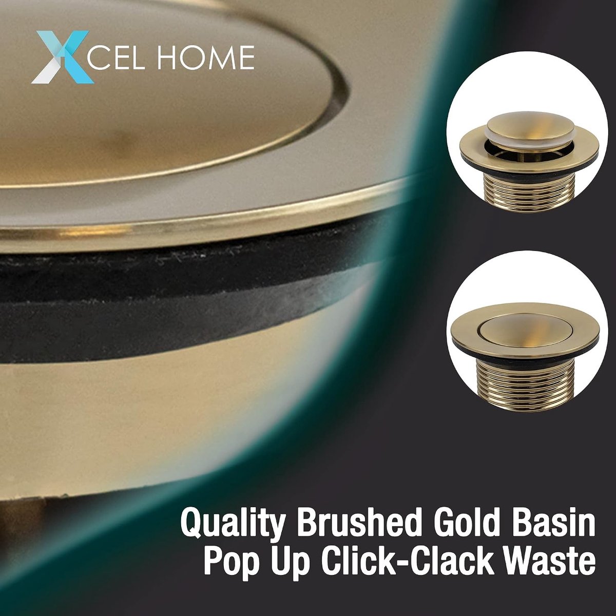 Brushed Gold Unslotted Click Clack Basin Waste - Round Brass Pop Up Bathroom Sink Plug Replacement - ShopVlot