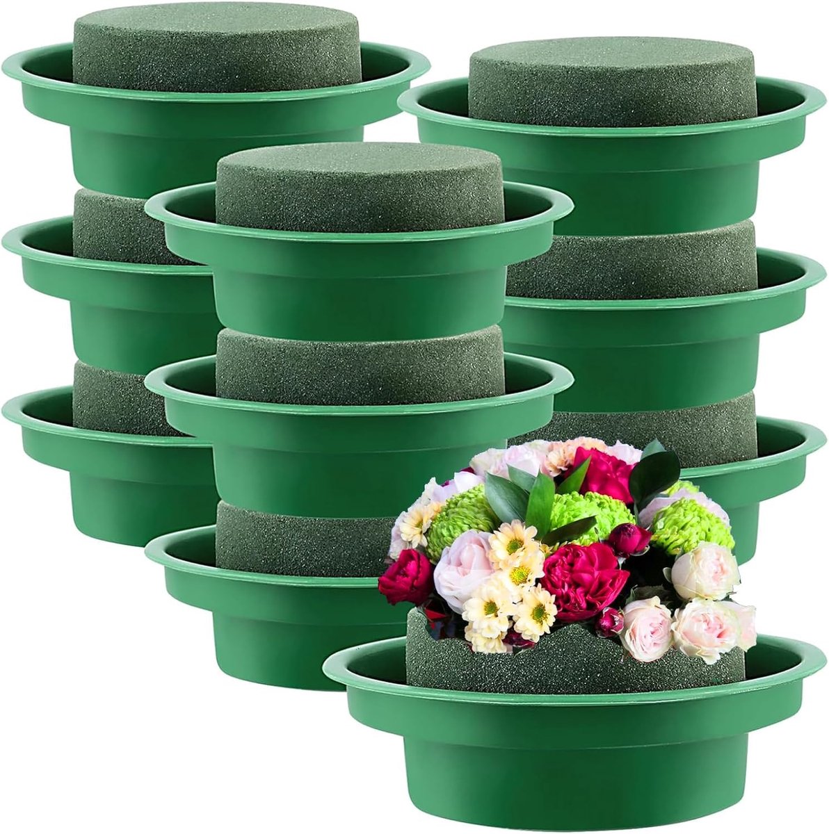 Foam 10pcs 8x4cm Green Flower Foam Block Round Flower Foam Bowl with Tray, Flower Arrangement for Wedding Decoration - ShopVlot