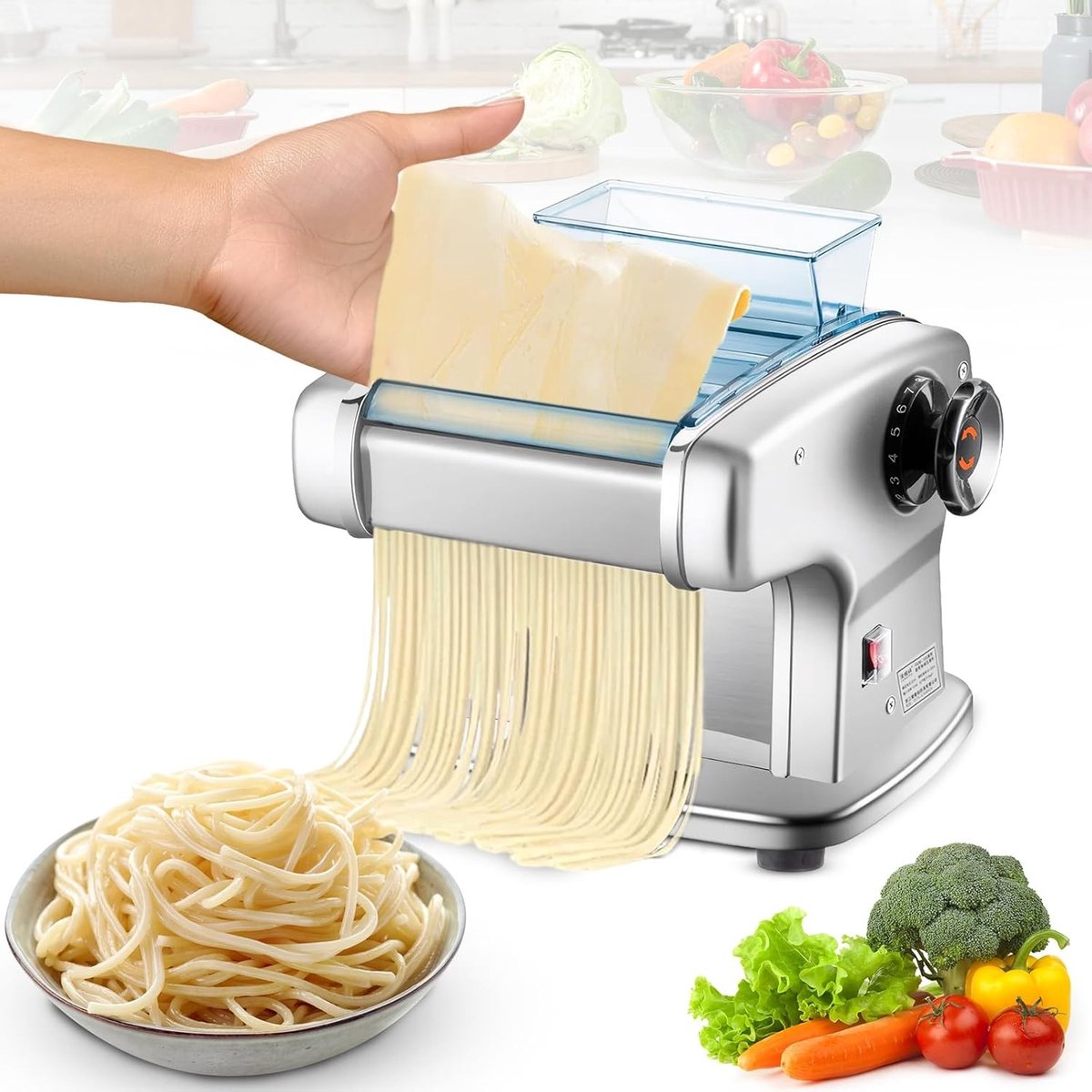 Elektrische Pastamachine - Zilver - 14 cm - Roestvrij Staal met 4 Messen - Voor Spaghetti en Lasagne