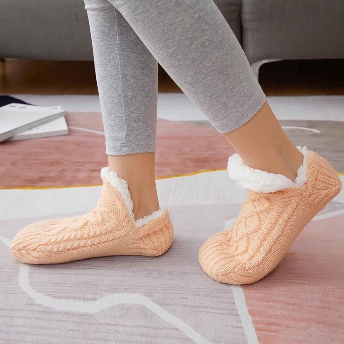 Dames Slipper Sokken - Kaki - Fleece Gevoerd - Antislip Warme Vloersokken - Voor Vrouwen en Meisjes