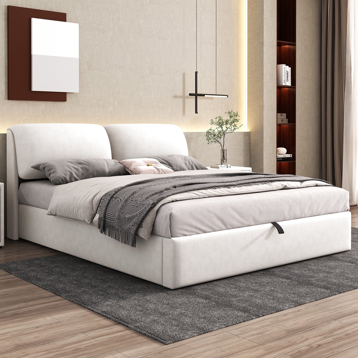 Wishdor Bed 180x200 cm - Hydraulisch opbergbed met 3 lades, verstelbaar hoofdbord, lattenbodem, beige velvet stof, zonder matras voor volwassenen