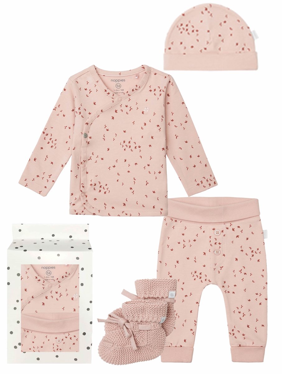 Noppies - Cadeausetje - Cadeaudoosje met Kledingset - Kraamcadeau - Babyshower - 4delig - Broek Nicea - Overslag Shirt Nantes - Mutsje Navar - Slofjes Nelson - Rose Smoke - Maat 62