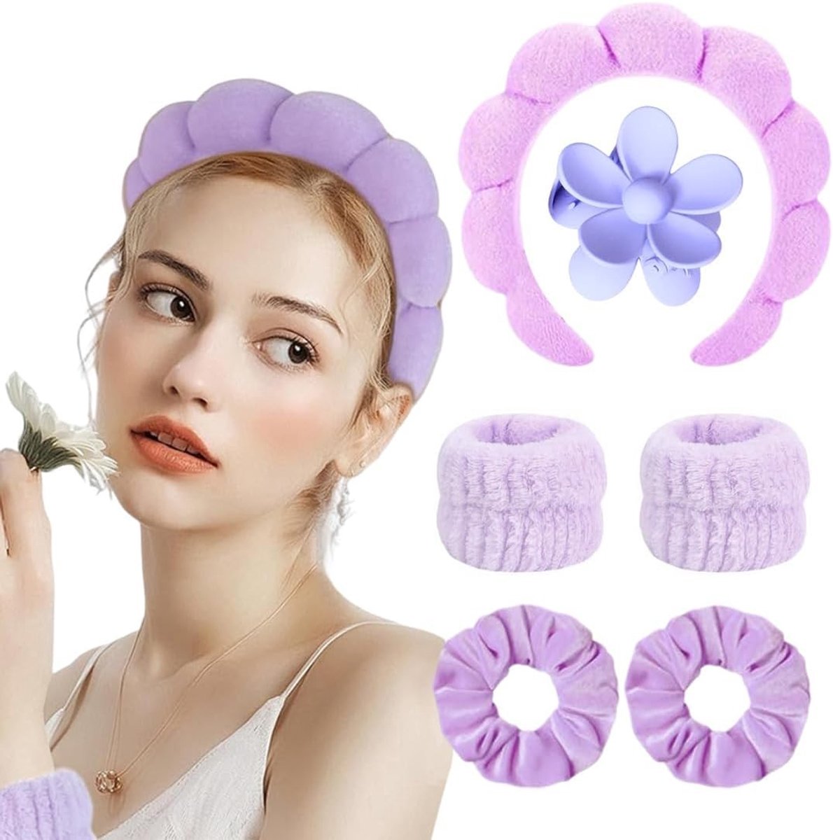 Make-up Haarband voor Vrouwen met Spons, Fleece Polsbandjes, Haarspelden en Haarelastieken - Ideaal voor Huidverzorging, Douchen en Make-up Aanbrengen (Paars)