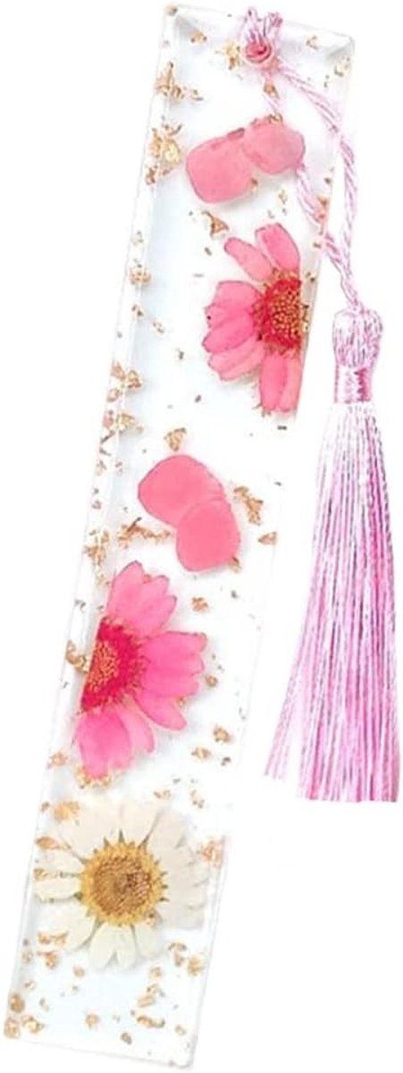 Epoxy Boekenlegger met Gedroogde Bloemen - Transparante Bookmark met Roze Margrieten en Hars - Unieke Decoratie voor Boekenliefhebbers