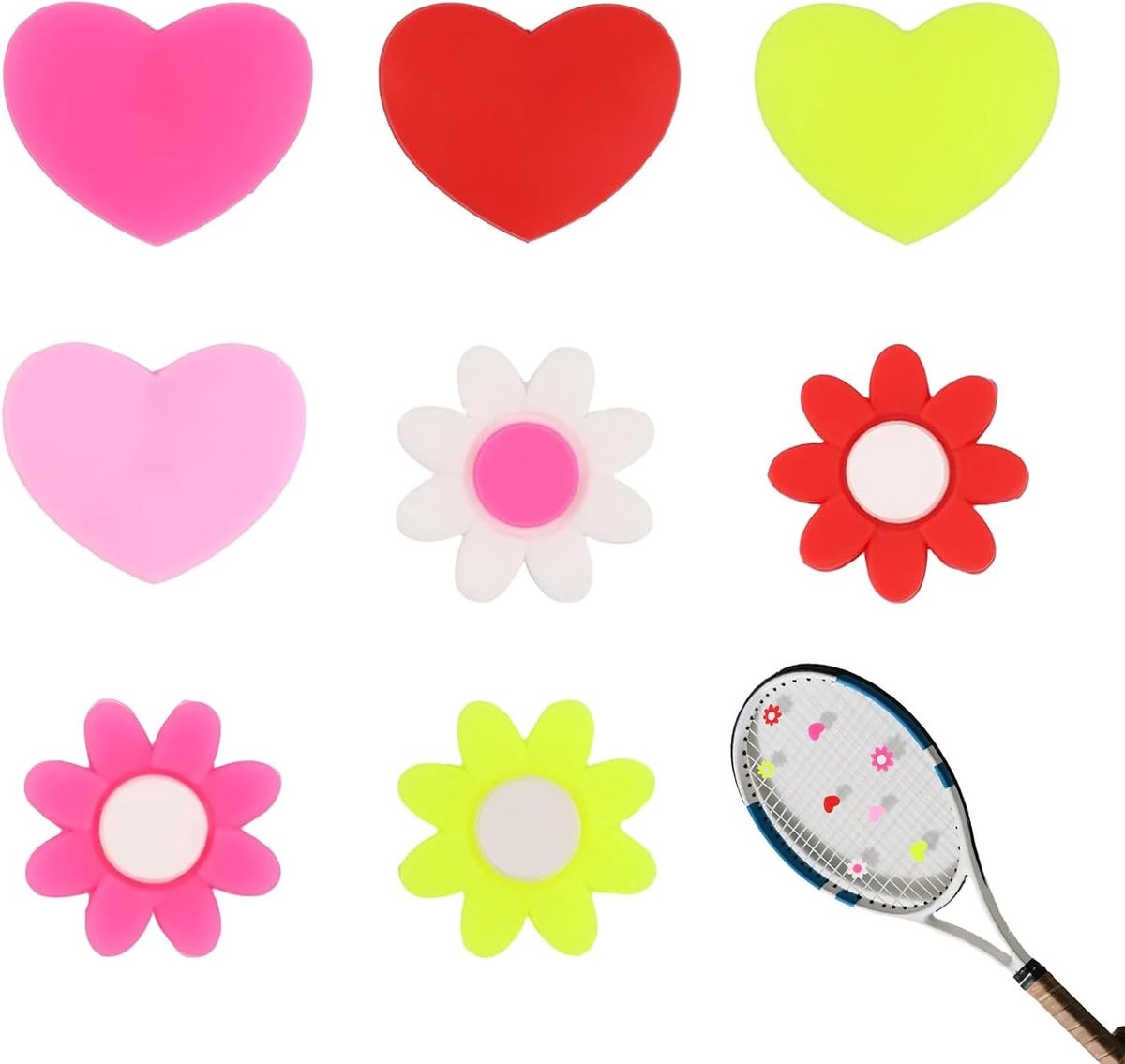 8 Stuks Tennisdempers in Silicoon met Leuke Bloemen en Hartvorm - Vibration Dampers voor Kinderen en Badmintonrackets, Tennisaccessoires voor Jongens