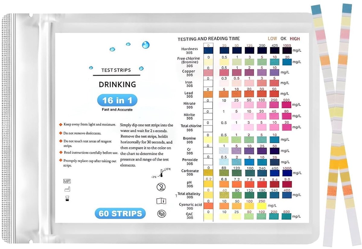 Complete set van 60 teststrips voor drinkwaterkwaliteit - Analyseer pH, hardheid, zware metalen en chloor voor veilig water in huis, aquarium, zwembad en spa