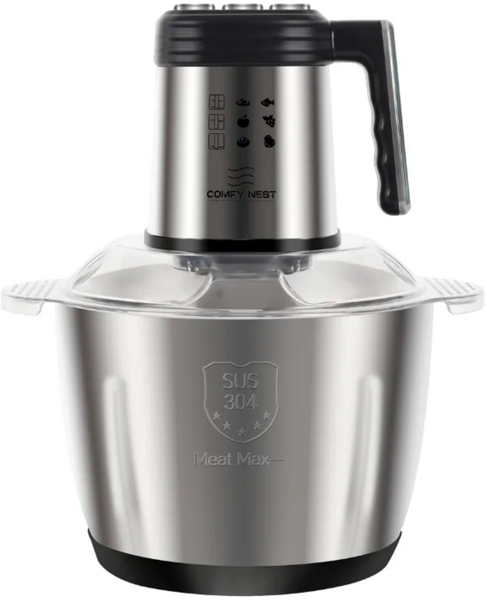 Elektrische Hakmolen 1000W – Foodprocessor met 5L RVS Kom – 3 Snelheden en 6 RVS Messen – Voor Vlees en Groenten – Zilver