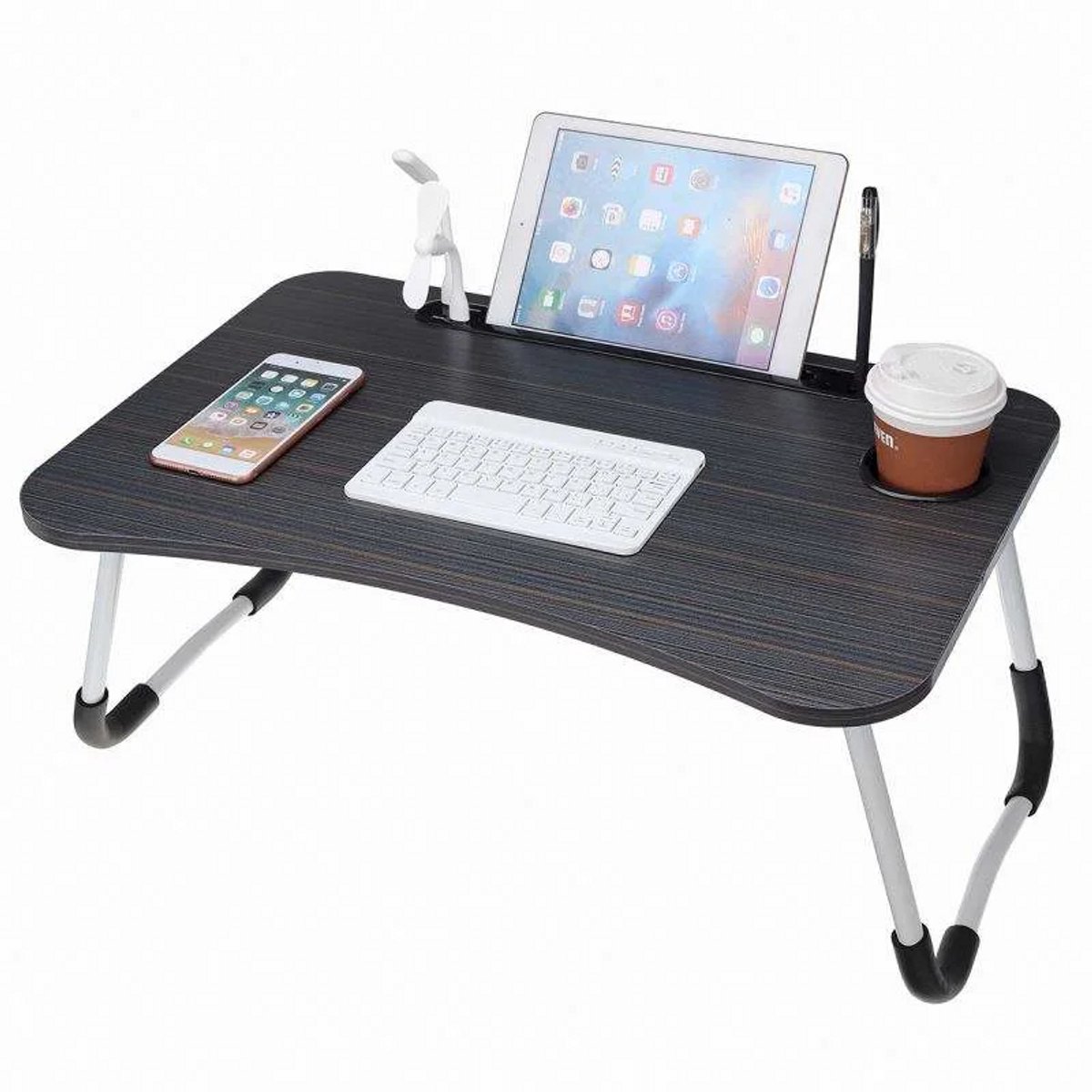 Laptoptafel voor Bed en Bank – Inklapbare Bedtafel 60 × 40 cm met Tablethouder, Bekerhouder en Antislip Poten – Zwart