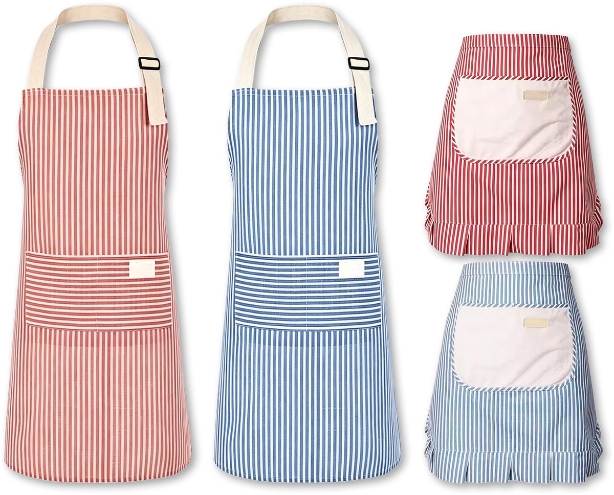 Keukenschort verstelbaar - blauw-roze gestreept - katoen-linnenmix - ideaal voor koken - ShopVlot