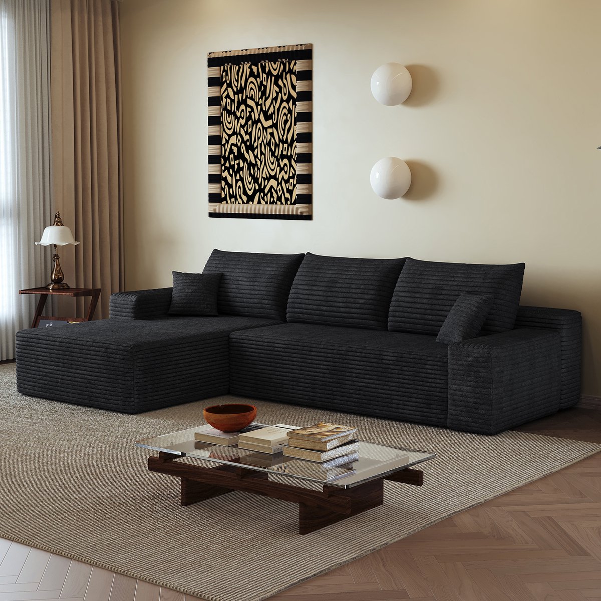 MODENUIT Hoekbank 270 cm - Modulaire L-vorm Met Chaise Longue - Voor Woonkamer En Appartement - Stof - Zwart