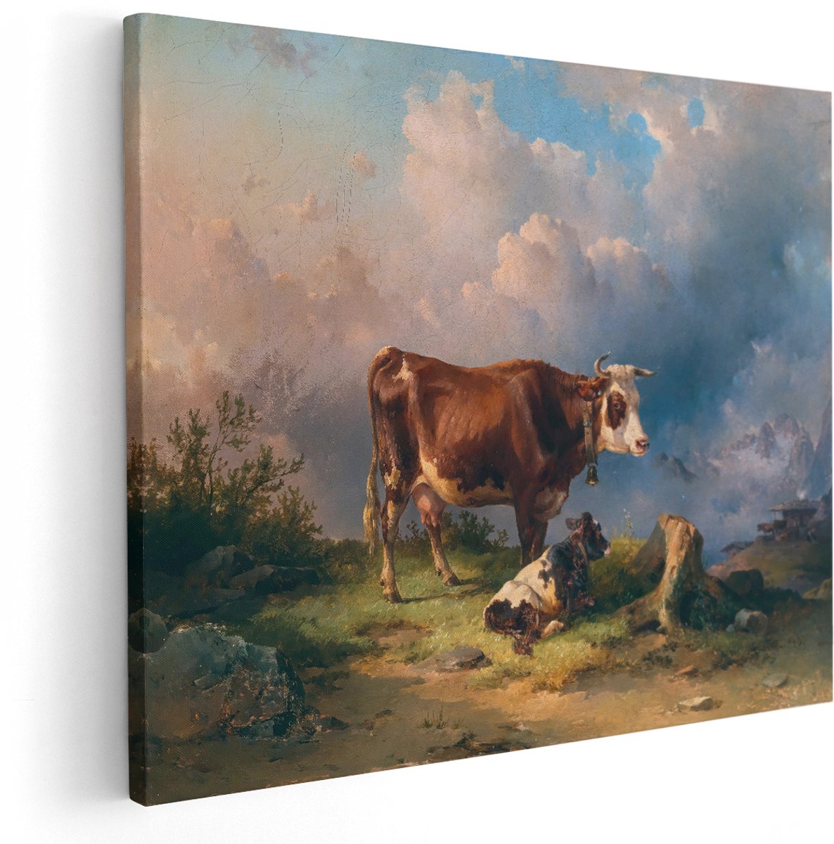 Artaza Canvas Schilderij Koe - 150x120 cm - Groot - Wanddecoratie Alpenlandschap - Muurdecoratie Bergen - Decoratie Dieren Woonkamer